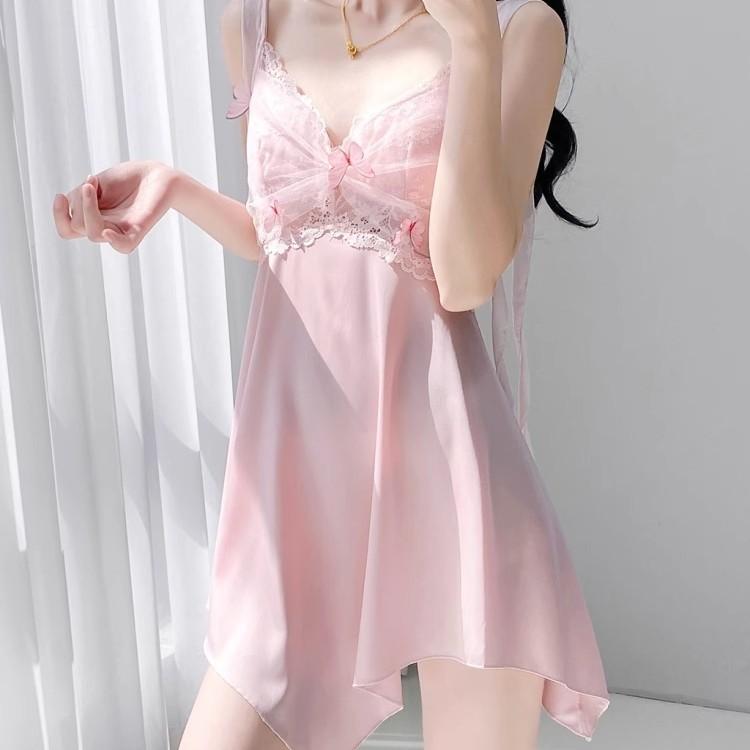1011 new pure desire wind ice silk nightdress women with chest pad lace V-neck home casual breathable loungewear
