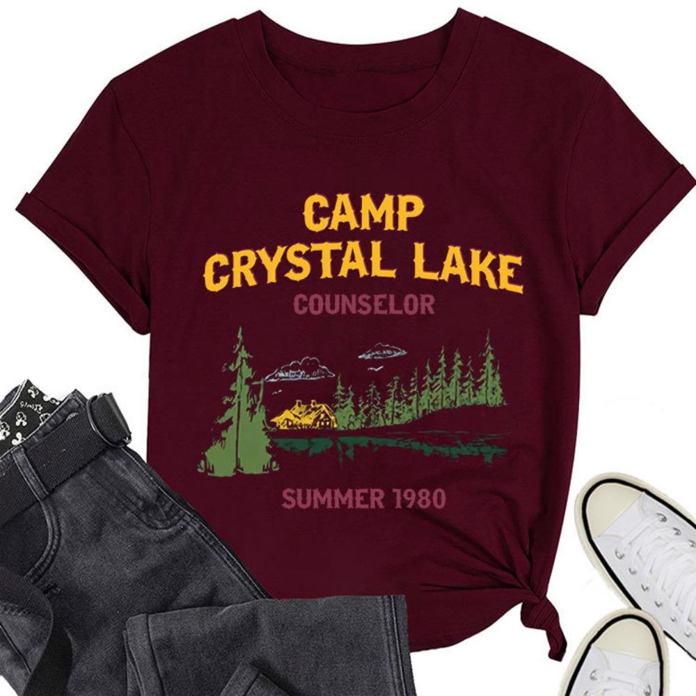 Summer New Women's Short Sleeved T-shirt Camp Crystal Lake Print Loose Round Neck Casual Top Paired with All Fashionable Clothing