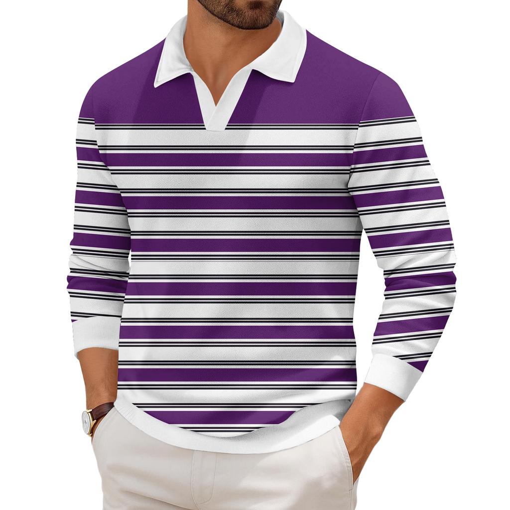 Pánské ležérní módní tištěné klopové pletené spodní tričko s dlouhým rukávem