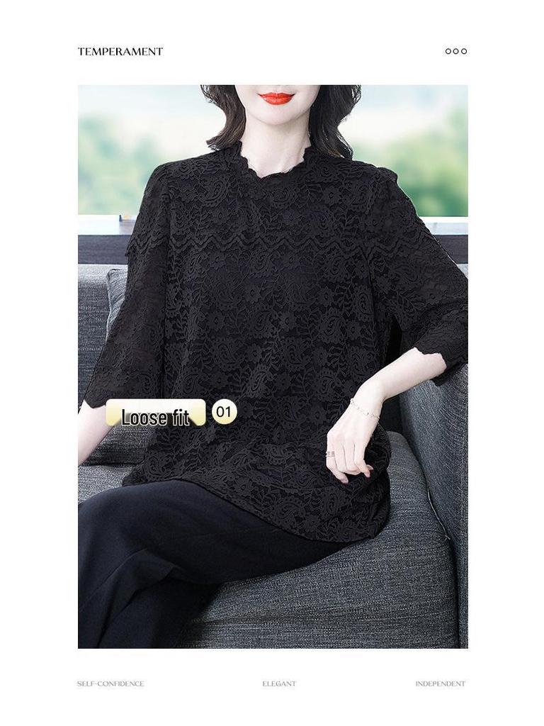 2025 Frühling/Sommer Koreanische Spitze Freizeit-Top - Übergröße Temperament Shirt für Frauen mittleren Alters