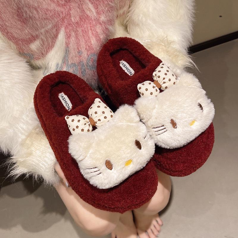2025 autumn and winter solid color sweetheart bow kt cat hair slippers women's new cute cartoon outer cotton slippers