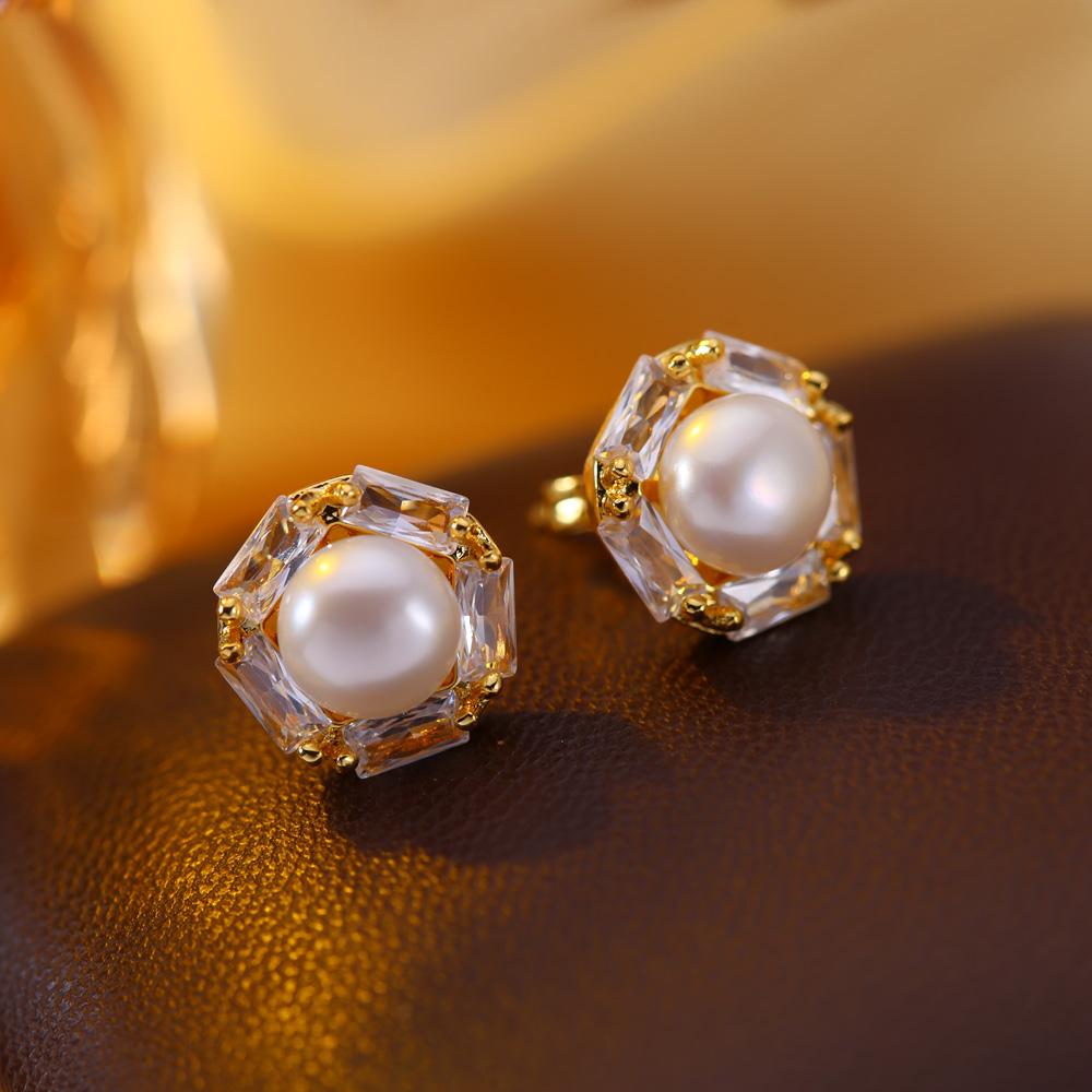 Brincos de Pérola de Água Doce Natural Moda Zircônia Cúbica Pérola Brincos de Pino Para Mulheres Joias de Festa