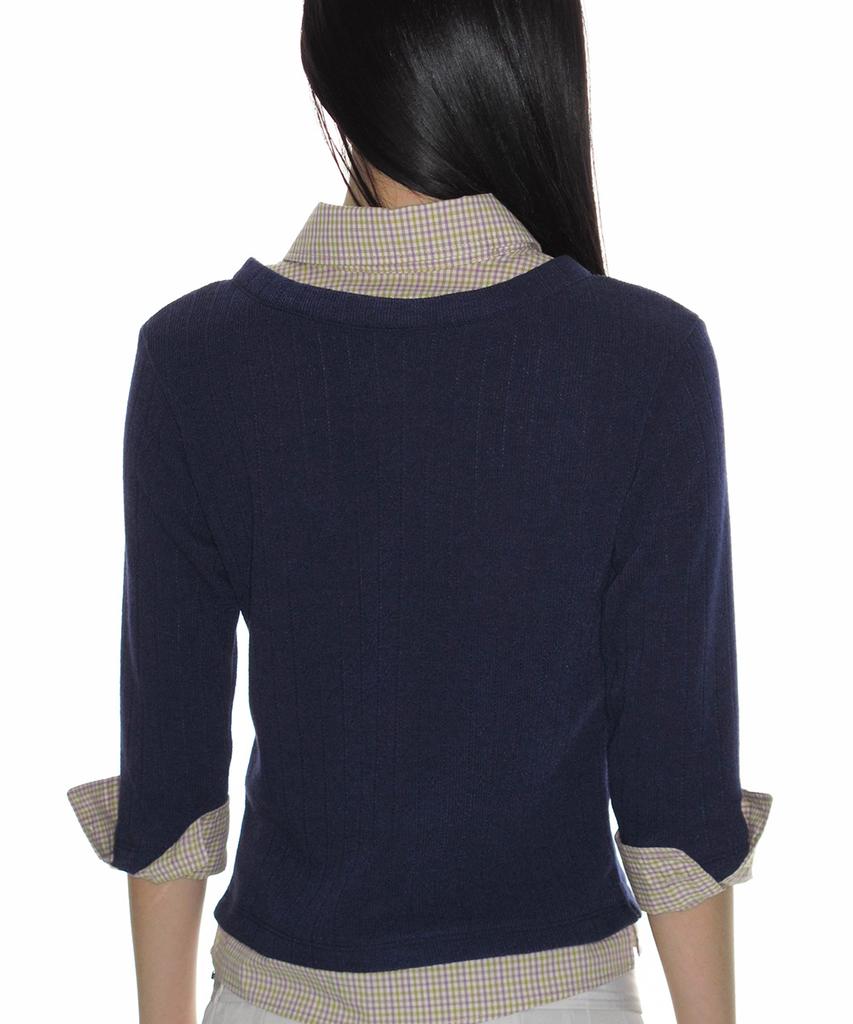 CRANK Knit Layered Check Shirt_Navy