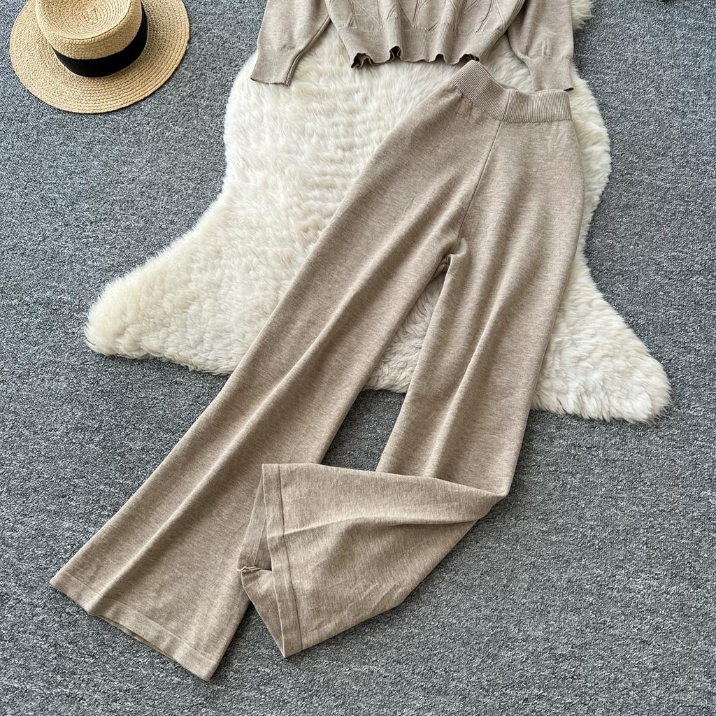 Relaxed-Style Half-Zip Knit Top and Wide-Leg Pants Two-Piece Set for Women Casual Jacquard Pullover Sweater Trousers Sets Fall Commuter Outfit
