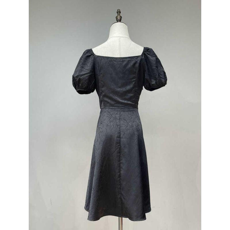 2024 Autumn Dark Pattern Bamboo Leaf Texture Print Similar To Acetate Satin Puff Sleeves Waist Trimming Short Black Dress