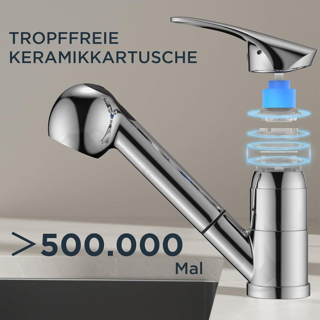 Kitchen Faucet Polished Chrome, Stainless Steel Sink Fittings with Shower, Single Lever Mixer Kitchen Fittings, 360° Rotatable Mixer Battery Kitchen