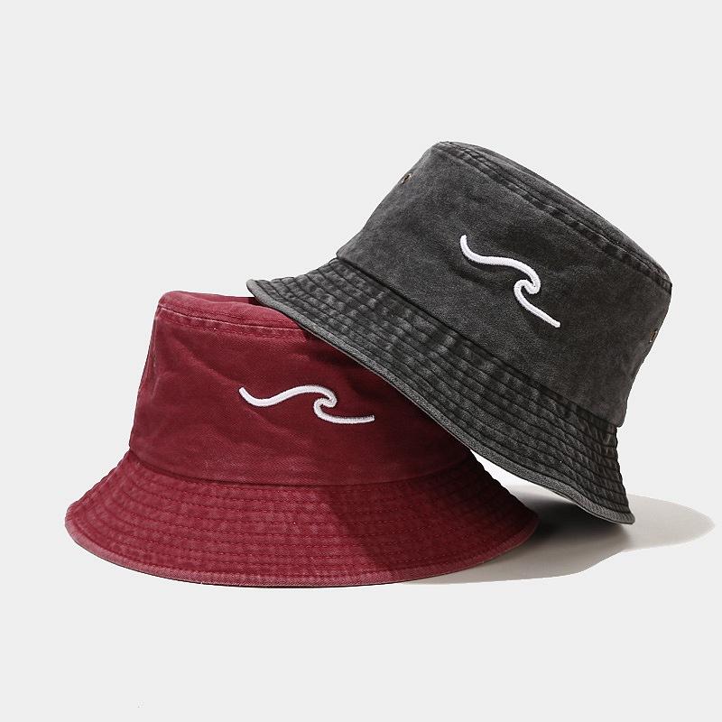 Haftowany kapelusz typu bucket 3D fale retro unisex outdoorowy prosty styl uliczny letni casualowy kapelusz przeciwsłoneczny