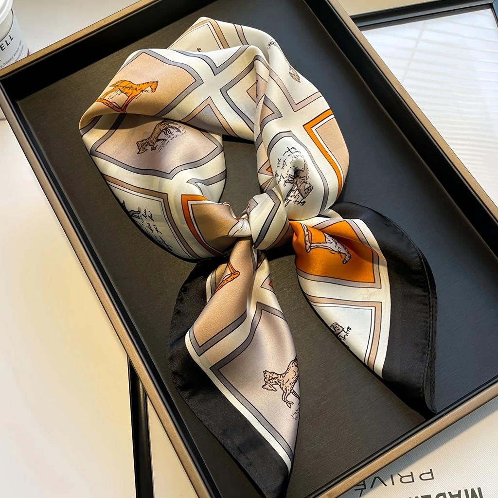 Luxury Brand Grid Horse Print Square Scarf Simulated Silk Satin Neck Scarf Stylish Sunscreen Headscarf For Women