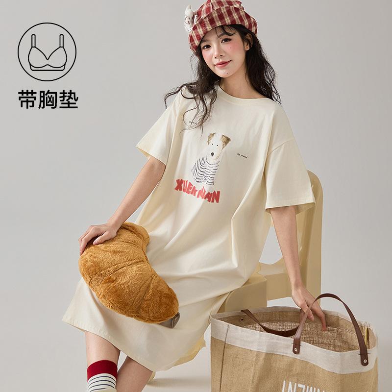 Pure Cotton Nightdress with Chest Pad Women's Short-sleeved Summer Thin 1011 Cute Cartoon Loose Dress Loungewear