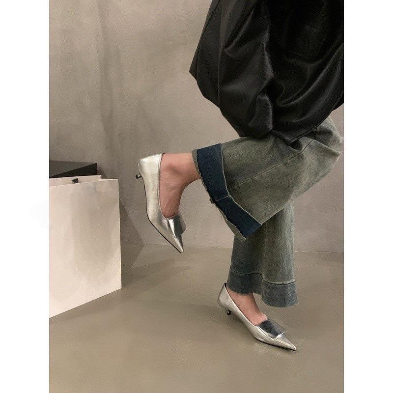 French kitten heel light mouth single shoes women's shoes 2025 spring and summer new pointed temperament silver evening work shoes
