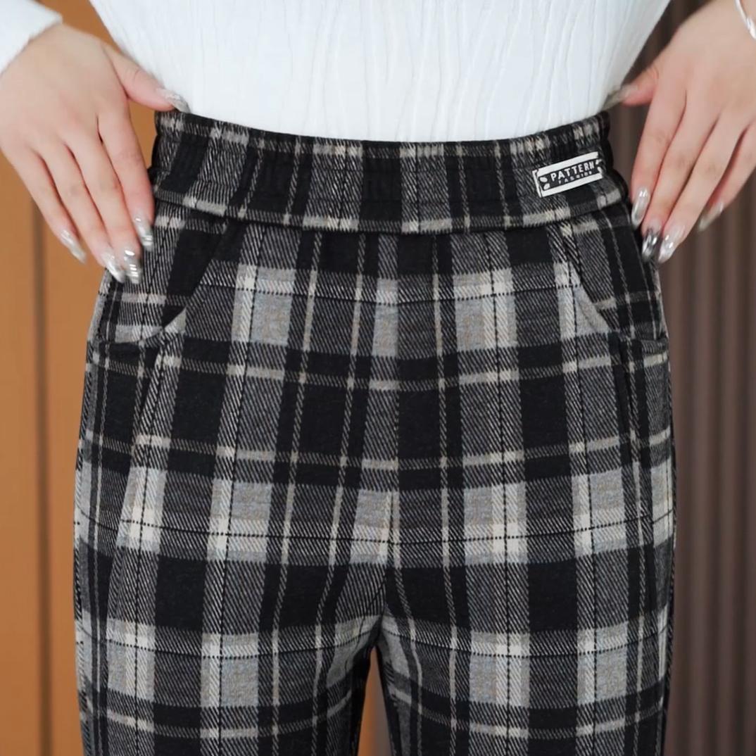 

Повседневные брюки женские большие размеры бархатные клетчатые шерстяные осенне-зимние эластичные талии повседневные свободные шаровары с высокой талией S