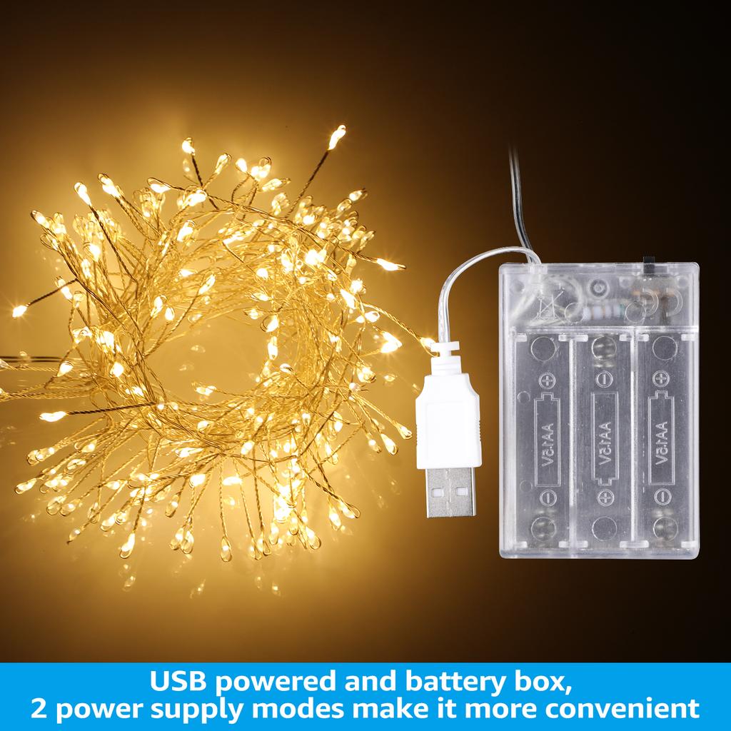 200 LED Copper Wire String Lights, Battery & USB Operated Fairy String Lights, Warm White