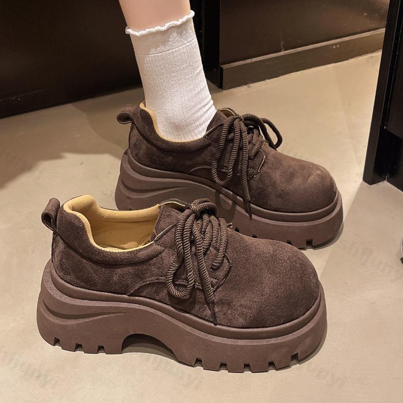 Platform Loafers Women Autumn New Vintage Comfortable Lace Up Fashion Single Shoes Outdoor Non Slip Height Increase Casual Shoes