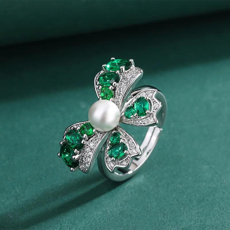 

Bowknot Pendant Necklace Emerald Gemstone White Pearl Open Adjustable Ring Set Women Jewelry Wedding Anniversary Friends Gift One size