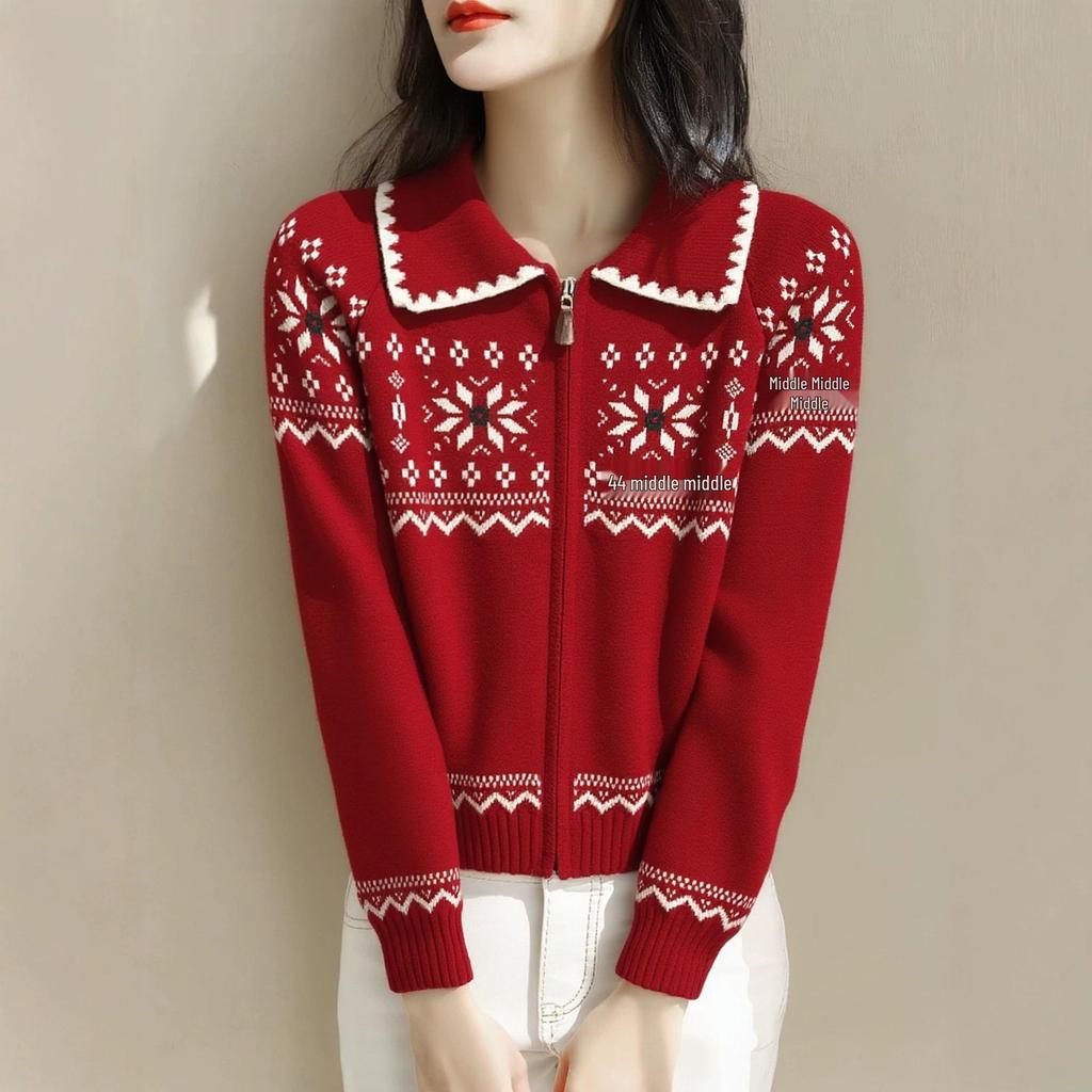 Women's Fair Isle Retro Knit Cardigan with Zippered Lapel - 2026 Spring/Autumn Collection.