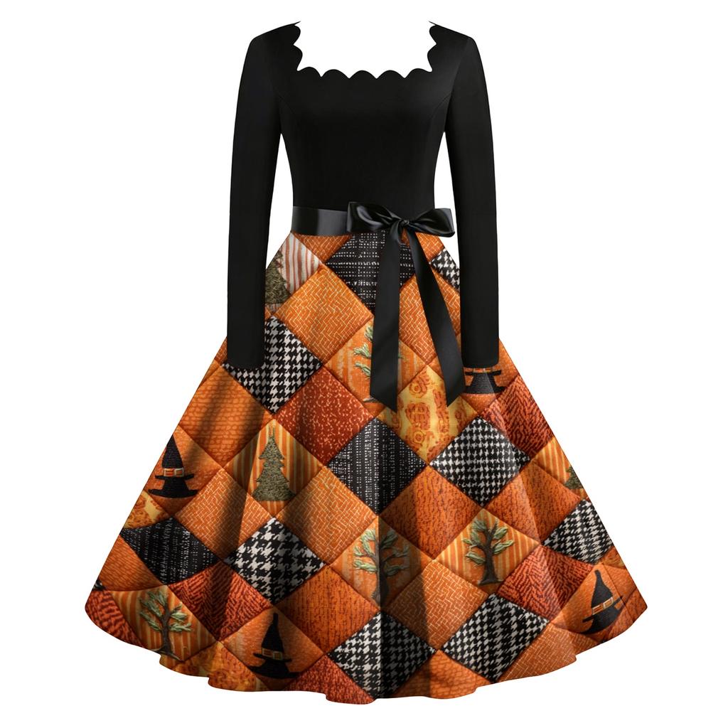 Women Vintage Long Sleeve Square Neck Halloween Print Party Dress Retro Style Full Skirt with Waist Tie Belt