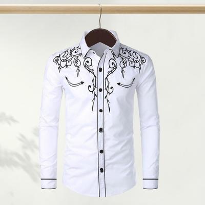 Men Western Cowboy Shirt Lapel Collar Single-breasted Long Sleeve Embroidery Slim Fit Casual