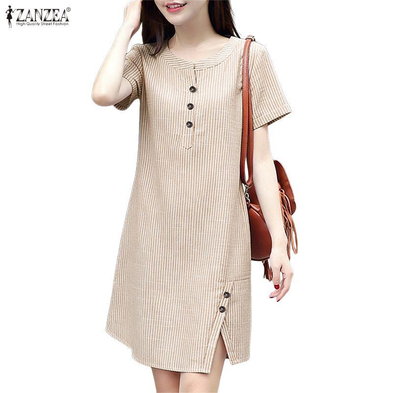 ZANZEA Vestido casual de verano para mujer con cuello redondo, manga corta y rayas