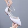 2 Cm Flat Heel Casual Pointed Toe Hollow Sandals Low Heel Light Mouth White Satin One-button Buckle Bride Wedding Shoes for Women