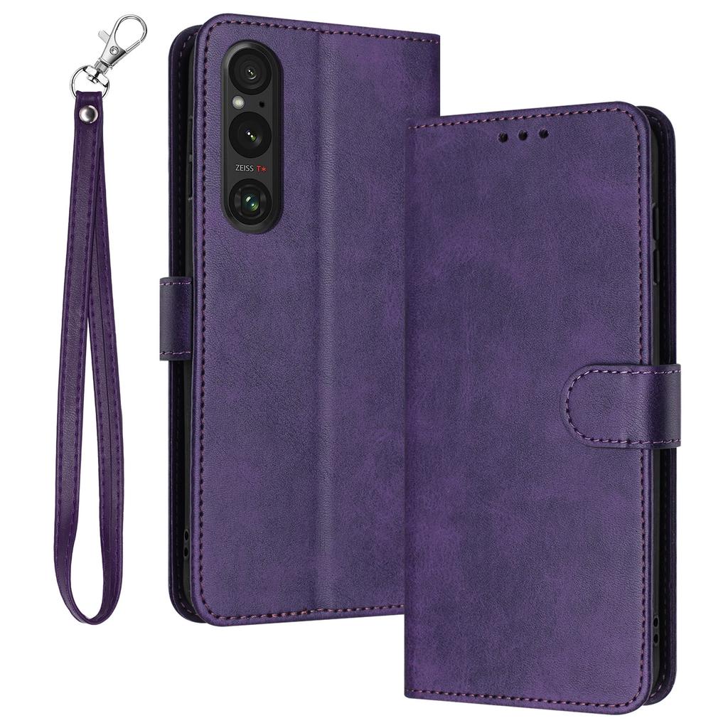 For Sony Xperia 1 VI Cover with Strap PU Leather Flip Stand Protective Cover Pure Color Wallet
