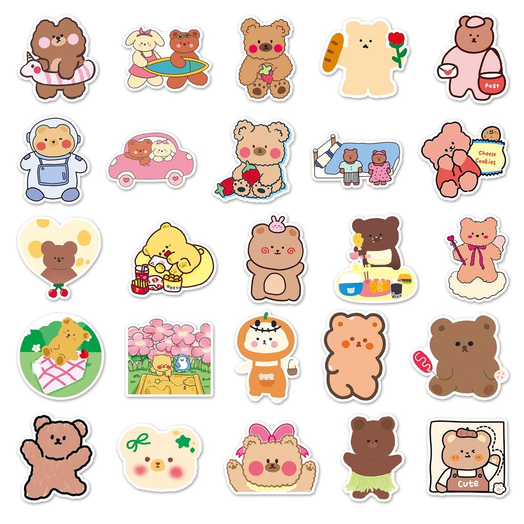 50-Piece Cute Cartoon Bear Stickers Set: Waterproof DIY Animal Decorations for Water Bottles, Journals, and Luggage.