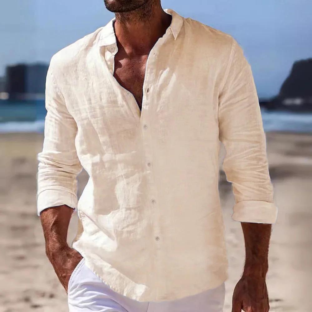 Men's White Linen Blend Button-Down Shirt - Long Sleeve Casual Loose Fit Breathable Beach Vacation Everyday Top