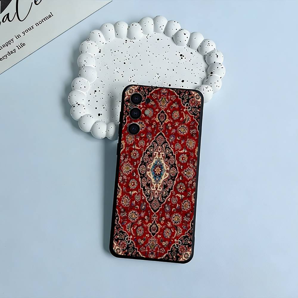 Persian Carpet Floral Pattern Black Soft Silicone Phone Case for Samsung S25, S24, S21, S22, S23, S30, Ultra, S20, Plus, Lite