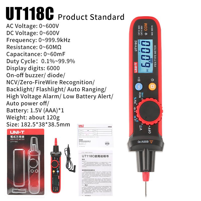 

UNI-T UT118C Digital Multimeter Pen Type 6000 Counts AC/DC Voltage Meter Resistance Capacitance Frequency Diode NCV Multi Tester