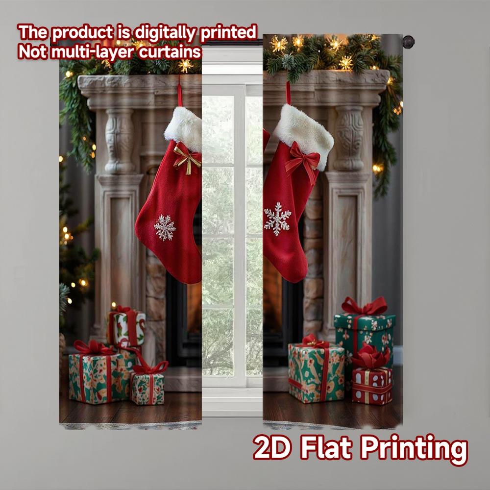 

Set Of 2 Flat Printing Christmas Curtain Fireplace Polyester Without Electricity Versatile Po Booths Curtains Made W100*H70(CM)-Hooks&1PCS