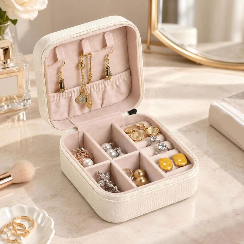 Zippered Leather-Material Jewelry Storage Case with Lid Hooks, Interior Pocket, Ring Rolls, and Removable Dividers