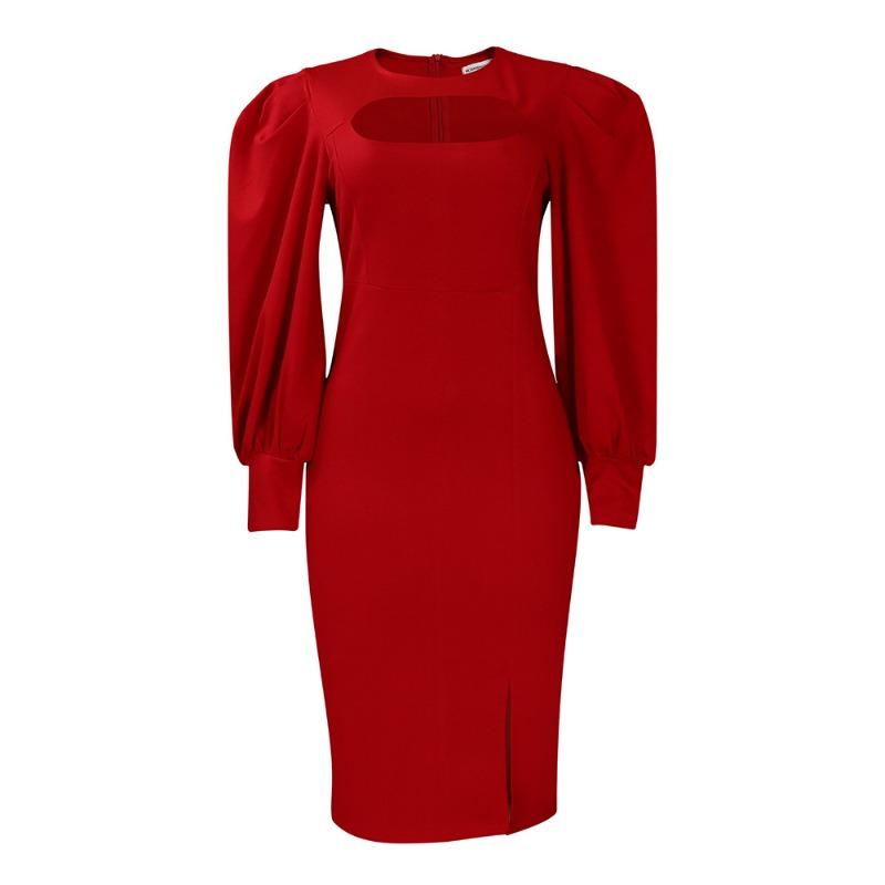 Large Size Women's Clothing Autumn New Fashion Temperament Hollow Long-sleeved Split-ended Solid Color Dress