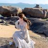 Blue Floral Suspender Dress Spring Seaside Vacation French Ruffle Edge Fairy Long Skirt Simple