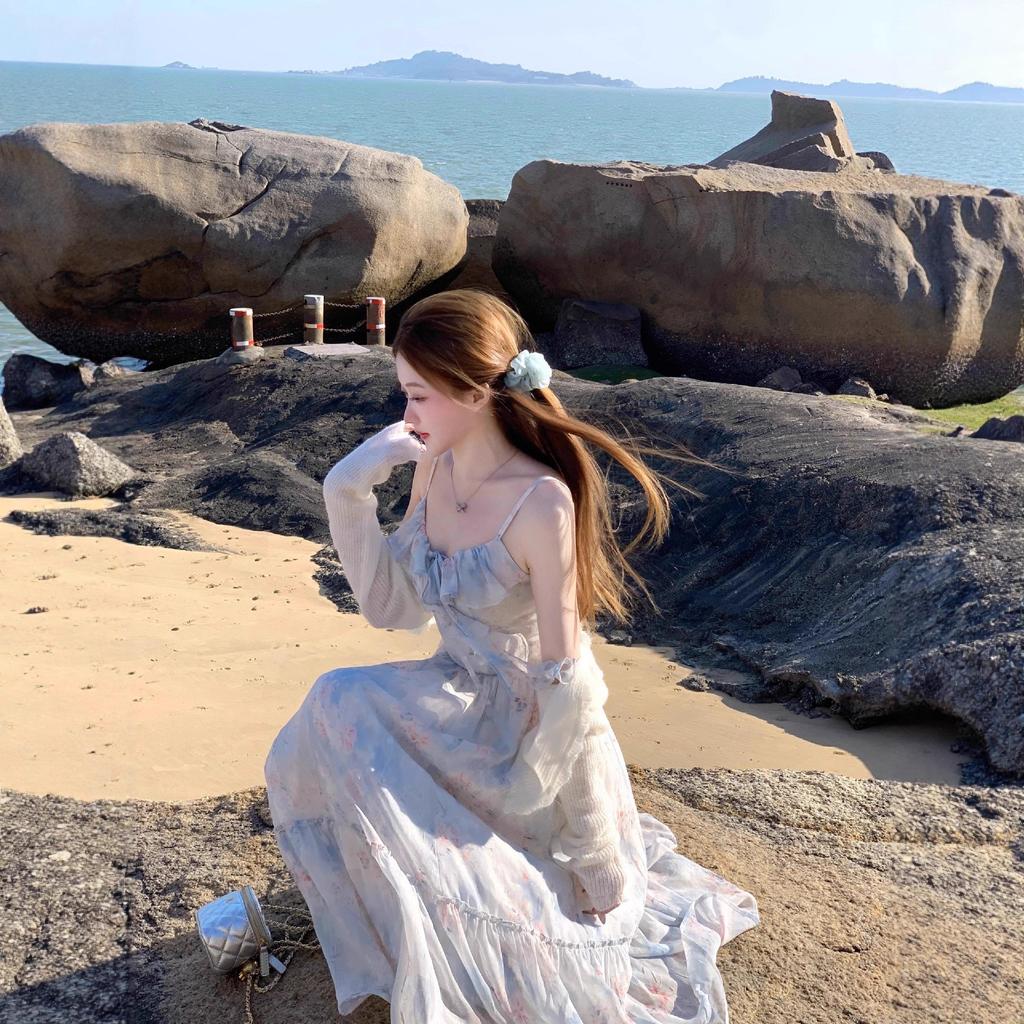 Blue Floral Suspender Dress Spring Seaside Vacation French Ruffle Edge Fairy Long Skirt Simple