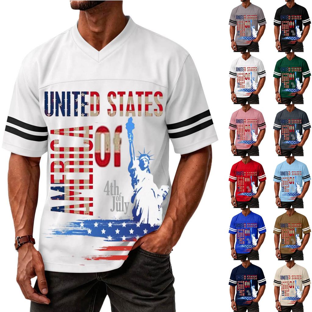 Men's Casual V Neck Short Sleeve Sports Shirt with Graphic Print Independent Day Themed Lightweight Athletic Tee for Outdoor and Everyday Wear