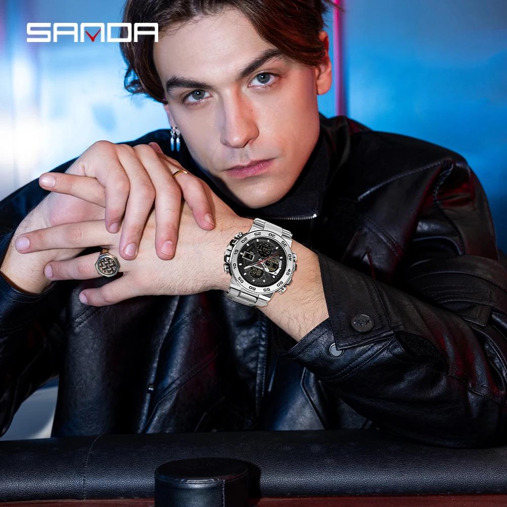 SANDA 6312 New Steel Strip Sports Watch Dual Display Dual Movement 5ATM Waterproof Multi functional Men's Electronic Watch-1