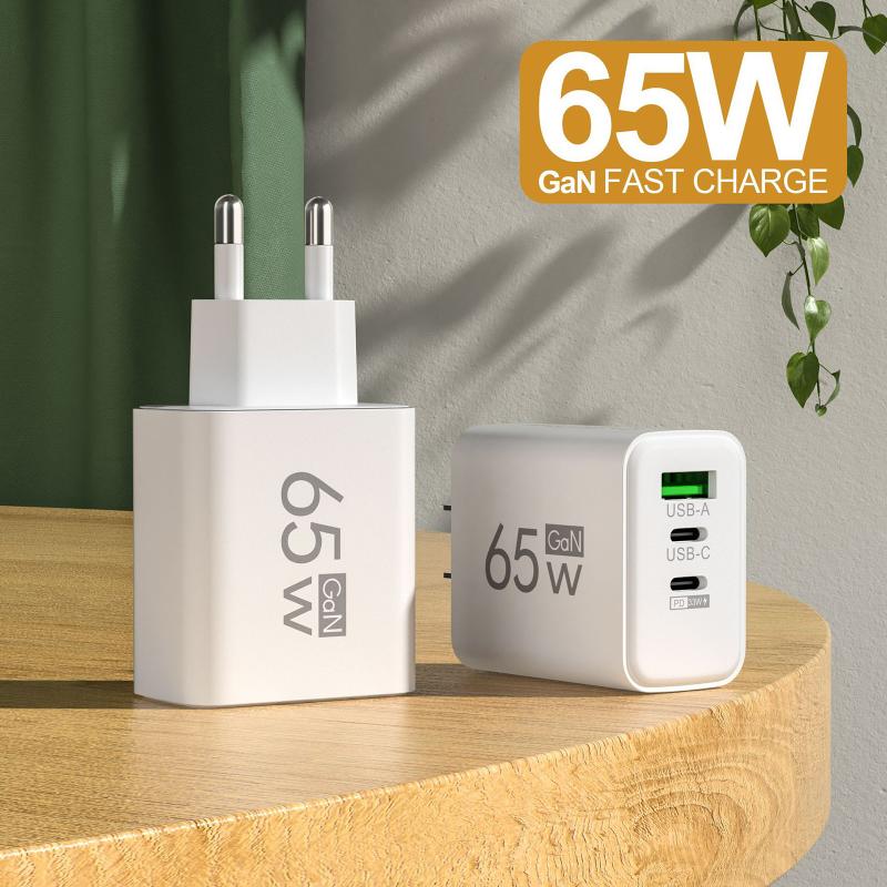 65W GaN Reise-Ladegerät EU-Stecker Dual USB C + USB A Port Schnelllade-Wandadapter Kompaktes Ladegerät für Telefon Laptop Tablet