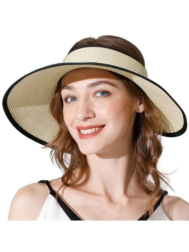 Women Wide Brim Roll Up Sun Visor Hat UV Protection Packable Ponytail Beach Straw Hat