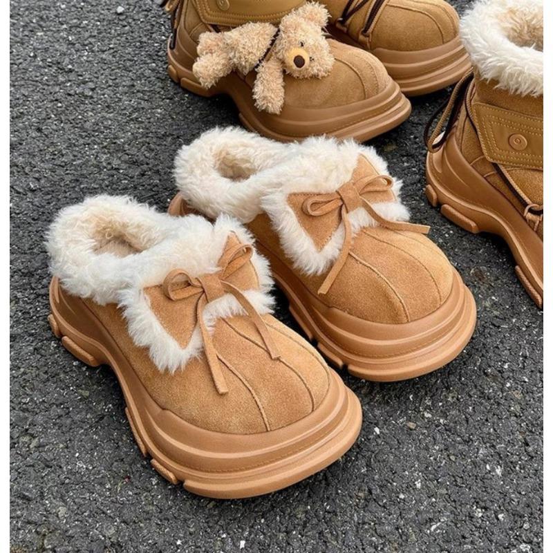 Fashion Cute Butterfly Knot Slip-On Half Slippers Women's Fashion Thick Bottom Wool Snow Boots Round Toe Rubber Sole Winter Shoes