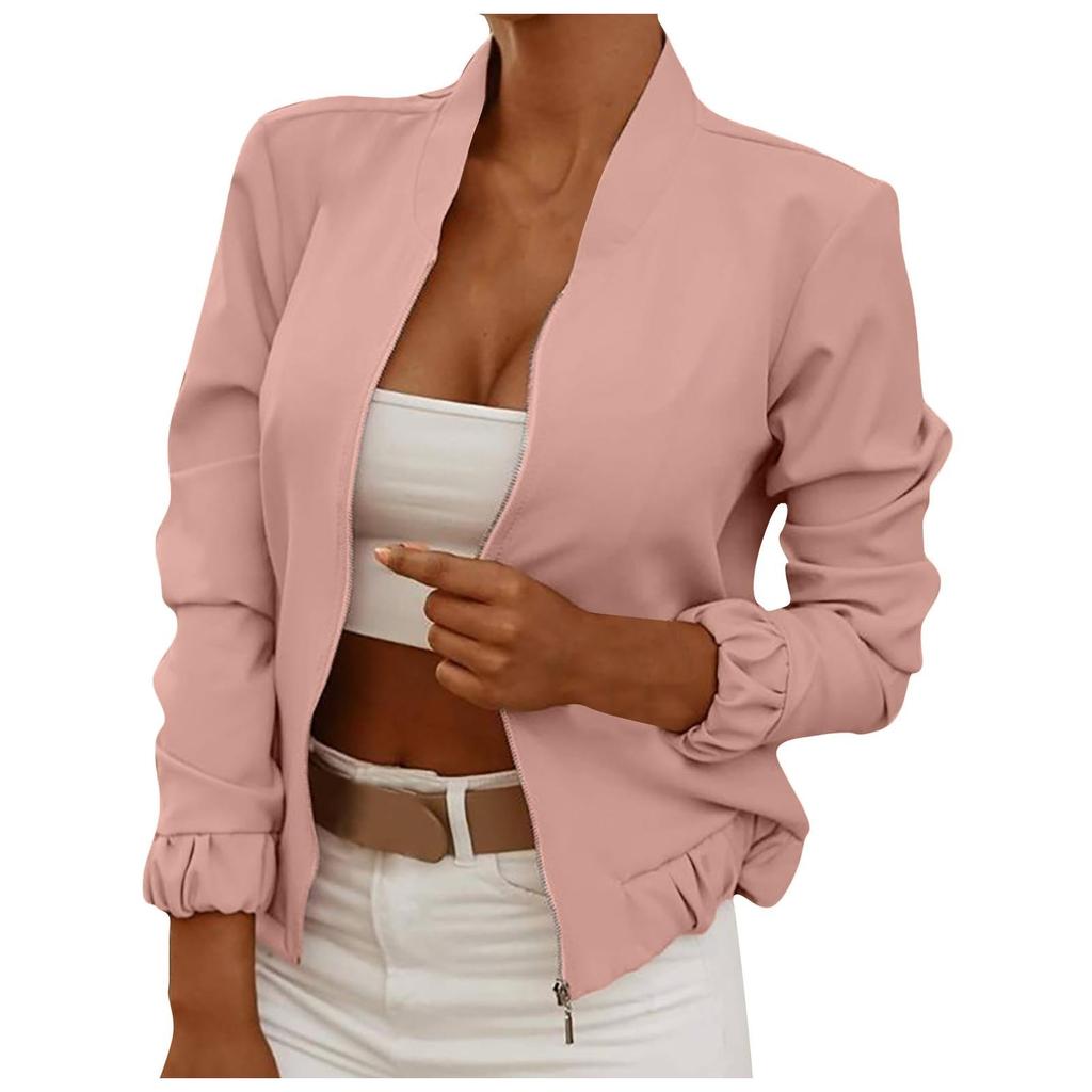 Damenmode mit langen Ärmeln, Reißverschluss, einfarbig, lässig, kurze Jacke, Mantel