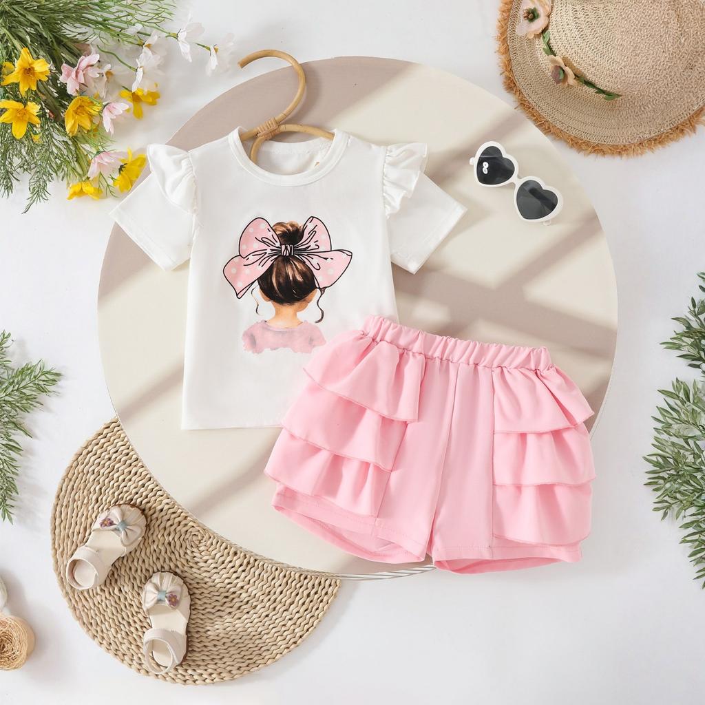 Girls Printed Sleeve T-Shirt + Ruffle Skirt Two-Piece Set