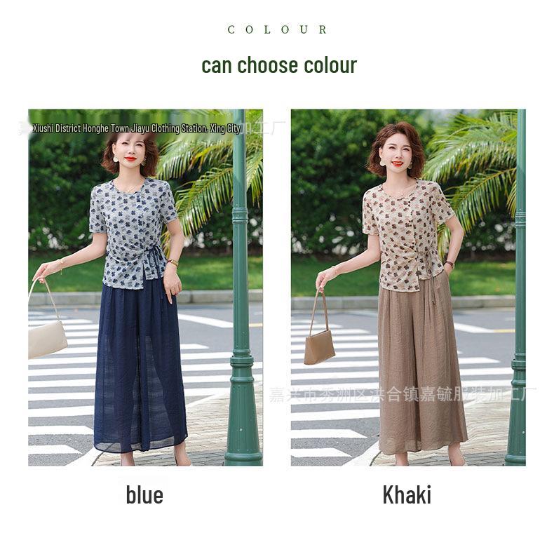 Mother's Summer Outfit: Elegant Short-Sleeve T-Shirt & Wide-Leg Pants Set for Mature Women