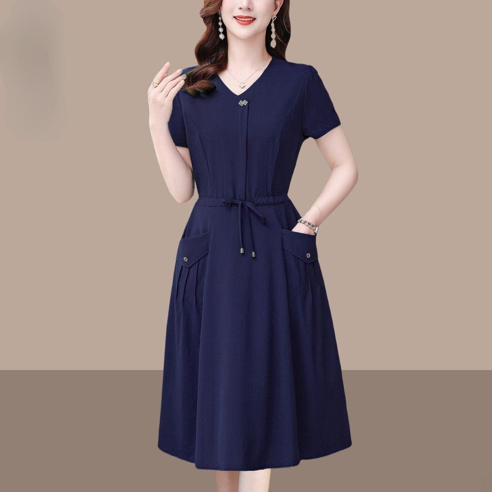 Fashion Summer Solid Color Short Sleeve Dress for Women Slim Fit Waist Cover Belly Elegant