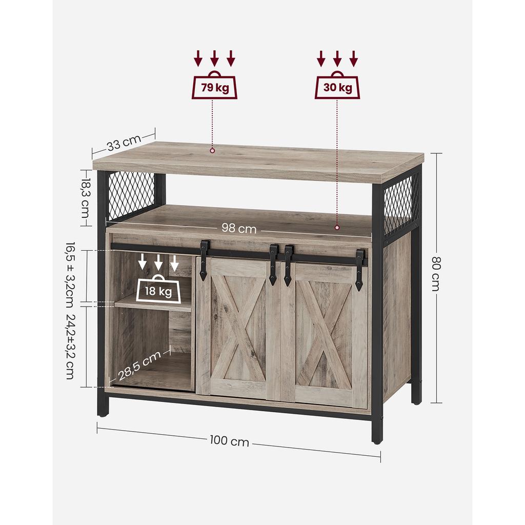 VASAGLE Sideboard, Kitchen Cabinet, Storage Cabinet with 2 Sliding Doors, 33 x 100 x 80 cm, Adjustable Shelves, Country Style, for Living Room
