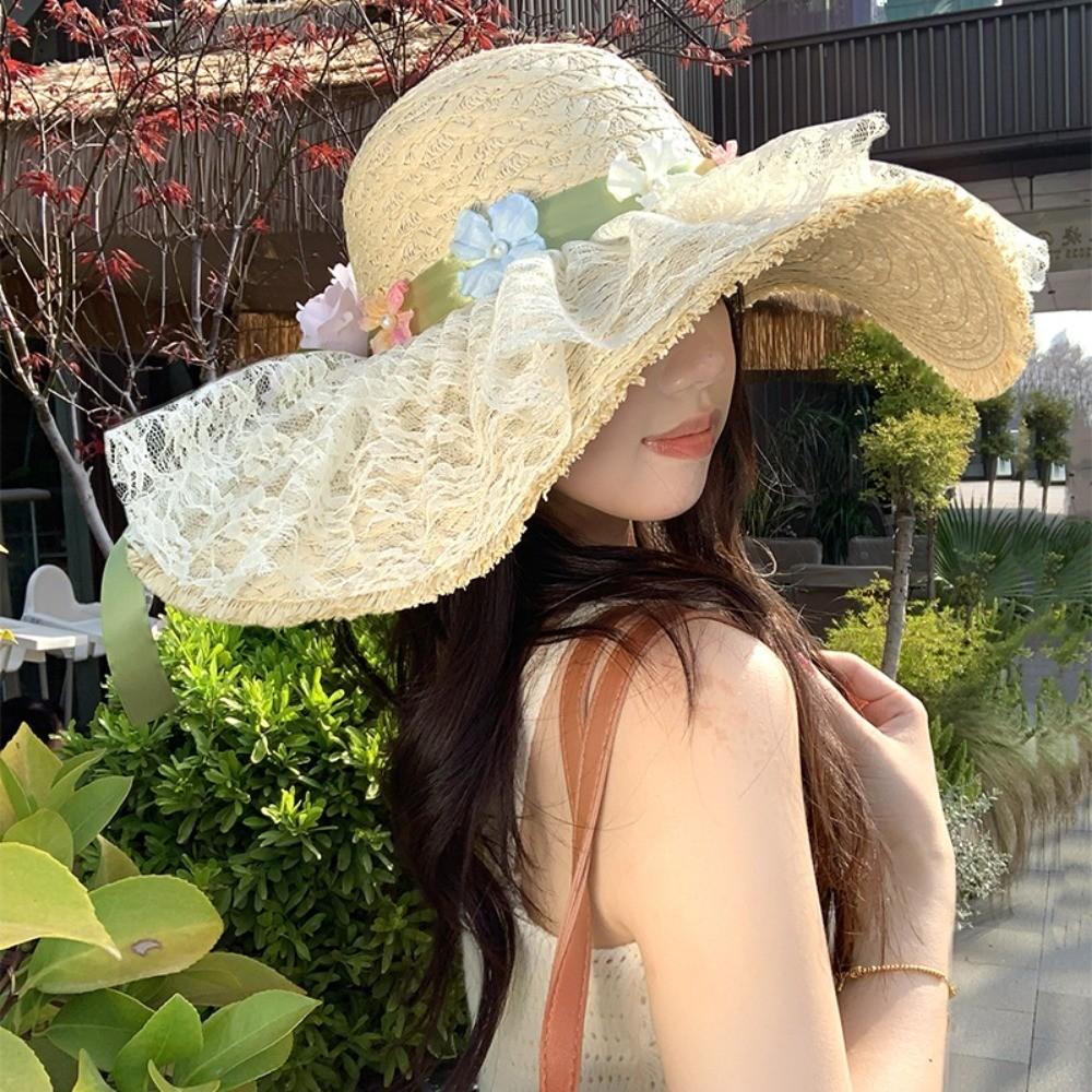 Summer Flower Lace Bow Fresh Straw Hat Women Seaside Vacational Sunshade Beach Hat