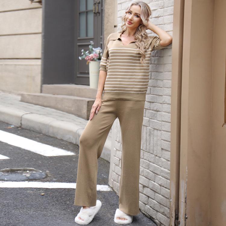 Color Block Knit Top & High-Waisted Wide-Leg Pants Two-Piece Set