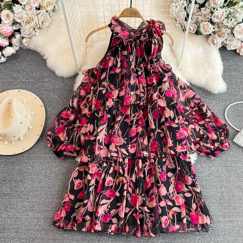 

Off-the-Shoulder Seaside Holiday Loose A- line Chiffon Tea Dress Black All yards