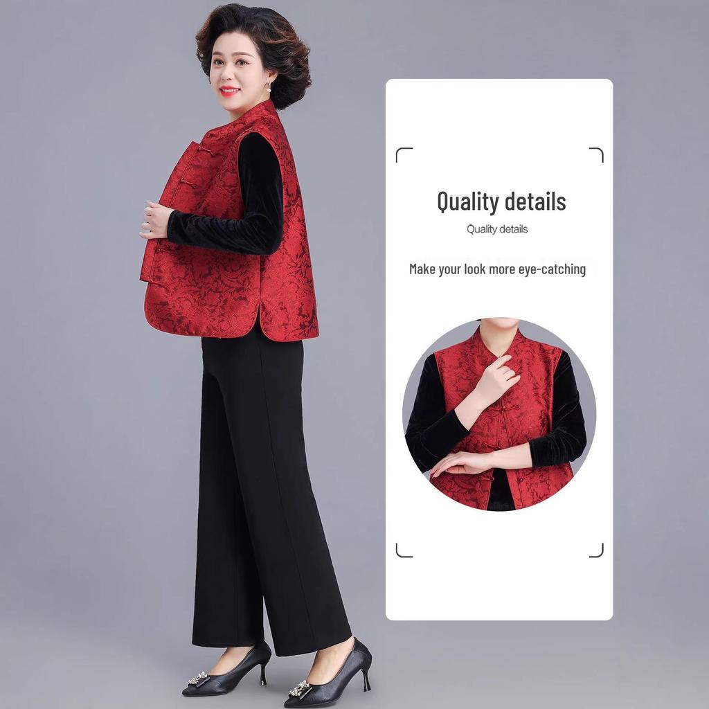 Elegant Red Spring Cardigan Vest for Middle-Aged Women