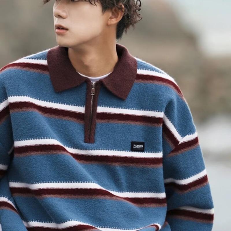 Retro Striped Polo Collar Men s Sweater - Winter Japanese-Inspired Knitwear XL