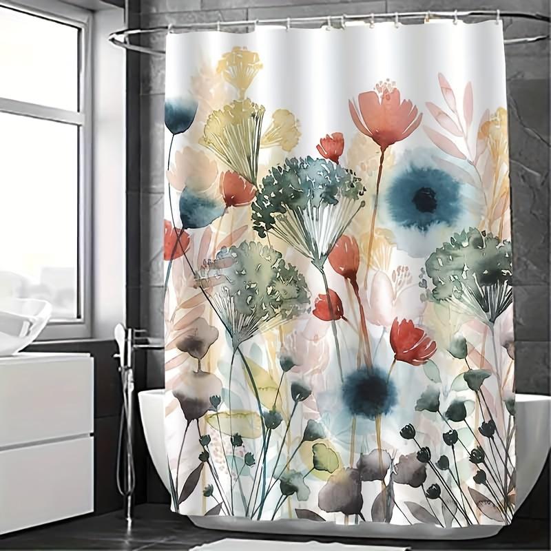 1pc Elegant Floral Ink Wash Painting Shower Curtain, High-End Polyester Bathroom Decor with Hooks, Machine Washable