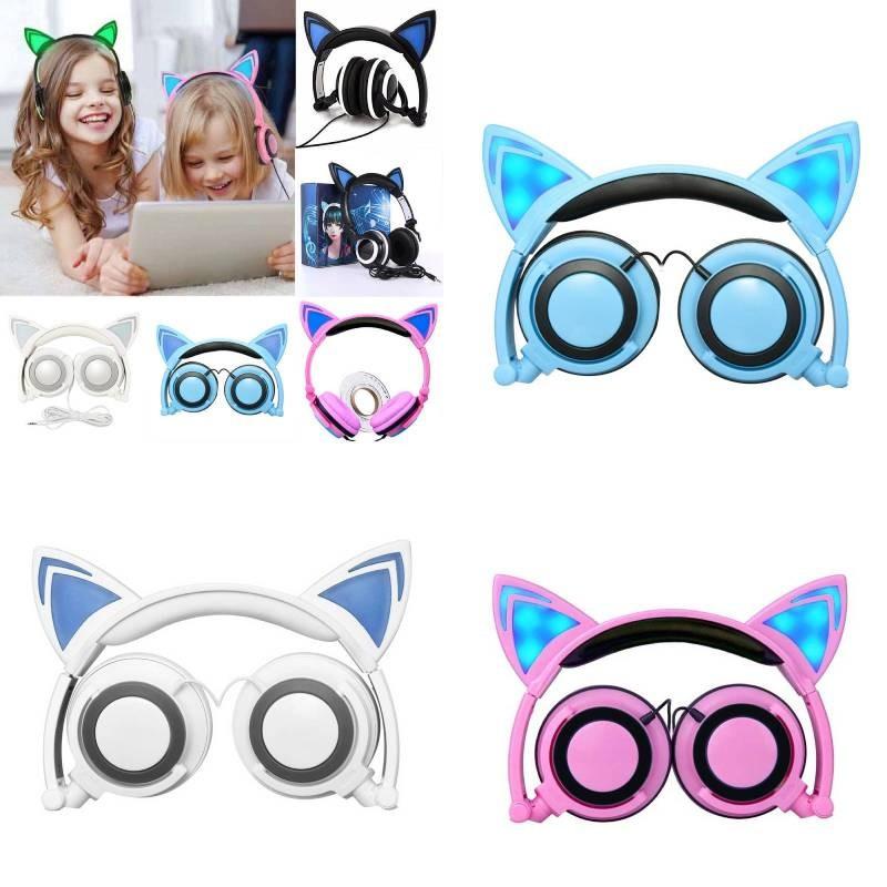 Foldable Headphones Cat Ear Led Music Lights Gaming Headset Stereo Super Bass